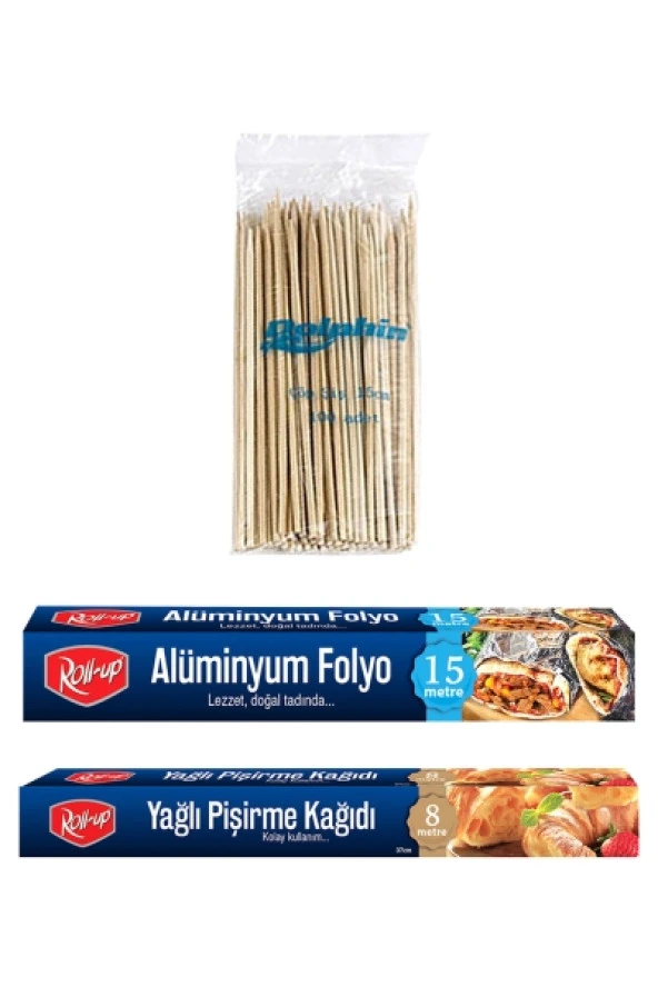 Roll-Up 8 Metre Pişirme Kağıdı - Alüminyum Folyo Ve 100lü Bambu Çöp Şiş Set