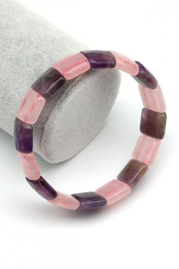 Ametist - Pembe Kuvars Doğal Taş Bileklik 13 x 15 mm Özel Kesim ürün görseli