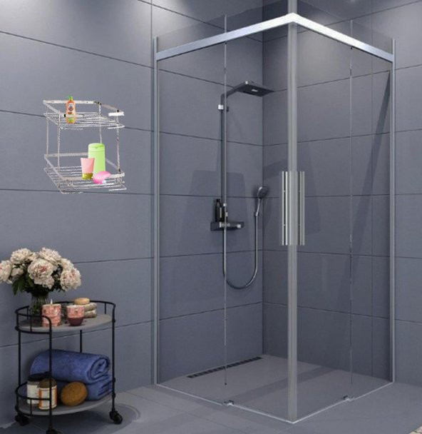 Kare Köşelik Ilgaz Banyo Köşe Raf Krom 2 Katlı Şampuan Askı Kese Sabun Duş Malzeme Estetik Muhafaza - 5