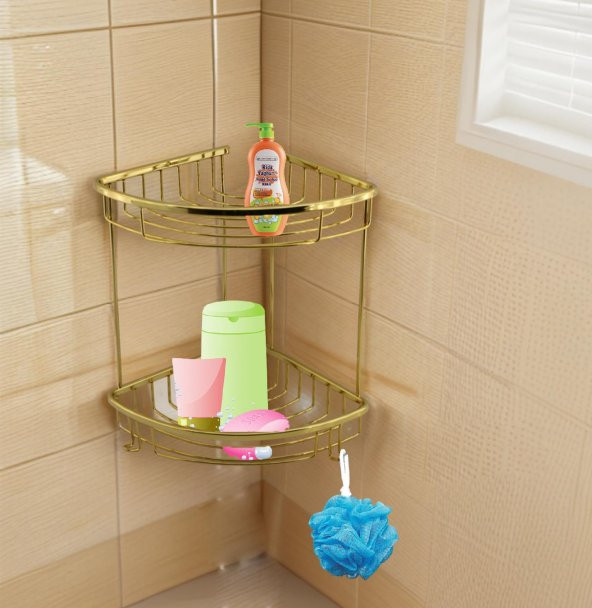 Oval Damla Banyo Altın 2 Katlı 20x20 Şampuan Askı Kese Sabun Duş Malzeme Estetik Köşe Raf Muhafaza - 2