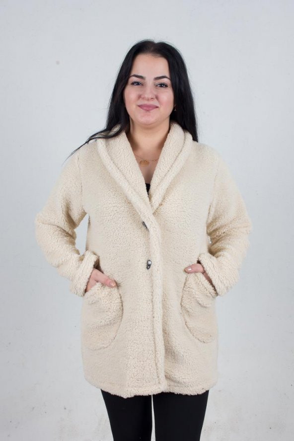 Truva Xxl Büyük Beden Tedy Kumaş Düğmeli Cepli Mont Kaban Krem MT008