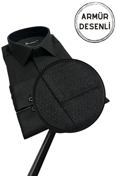 Siyah Armür Desenli Rahat Kesim Uzun Kol Erkek Gömlek Tek Cepli Klasik Regular Fit - Resim 2