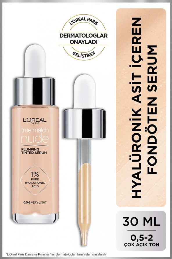 Loreal Paris Fondöten &amp Hyalüronik Asit İçeren True Match Nude No: 0,5-2 30ml Çok Açık Ton Very Lıght