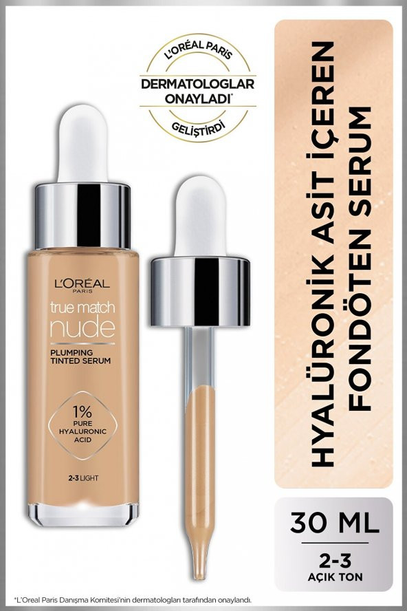 Loreal Paris Fondöten &amp Hyalüronik Asit İçeren True Match Nude No: 2-3 30ml Açık Ton Lıght