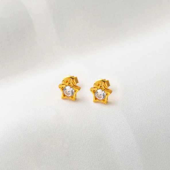 Yıldız Tasarım Tek Taş 22 Ayar Altın Küpe - Resim 3