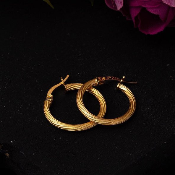 Çizgili 22 Ayar Altın Halka Küpe 3 cm. - Resim 2