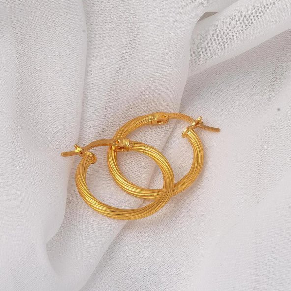 Çizgili 22 Ayar Altın Halka Küpe 3 cm. - Resim 3