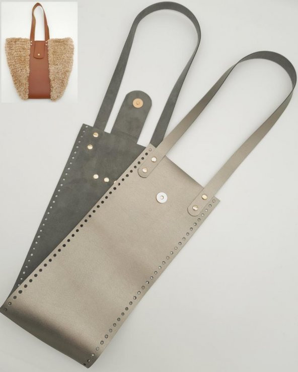 Angel Çanta Aksesuar Suni Deri Kova Model Parlak Gri Renk Çanta Deri Seti Light Gold Metal ürün görseli