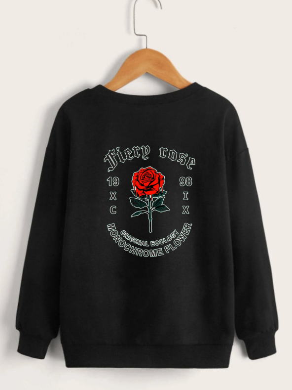 Çocuk Unisex Bisiklet Yaka Fiery Rose Baskılı Sweatshirt - Siyah