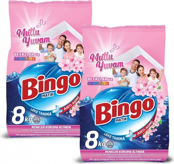 Bingo Matik  Mutlu Yuvam Renkliler ve Beyazlar Toz Çamaşır Deterjanı 8 kg 2li