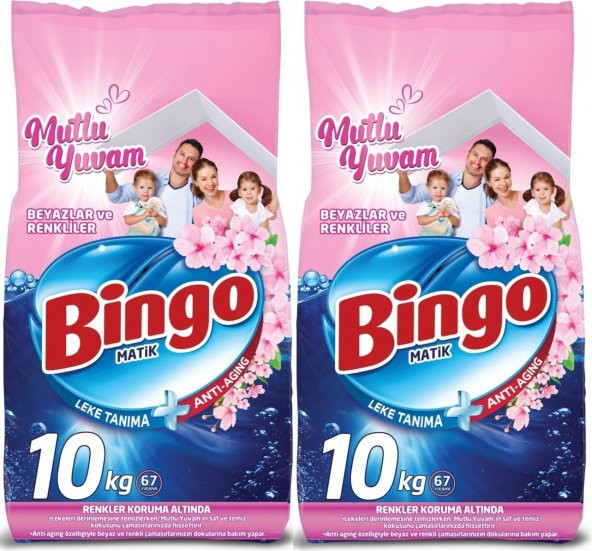 Bingo Matik Toz Çamaşır Deterjanı 20 kg Beyazlar ve Renkliler (2 Paket x 10 Kg) (134 Yıkama) (Mutlu