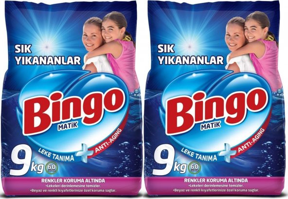 Bingo Matik Toz Çamaşır Deterjanı Sık Yıkananlar Beyazlar ve Renkliler 120 Yıkama 2 x 9 kg