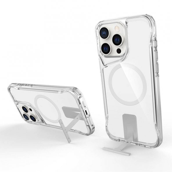 KNY Apple İphone 15 Pro Max Kılıf Magsafeli Standlı Ultra Korumalı T-Max Kapak Şeffaf - 2