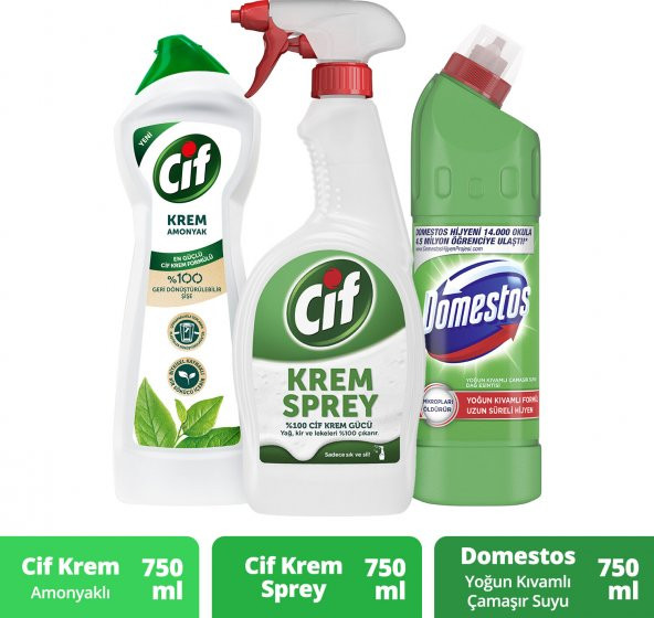 Cif Domestos Dağ Esintisi Çamaşır Suyu + Cif Krem + Cif Krem Sprey