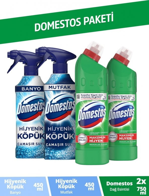 Domestos Paketi Domestos Hijyen Köpük Banyo 450 ml + Domestos Hijyen Köpük Mutfak 450 ml + Domestos