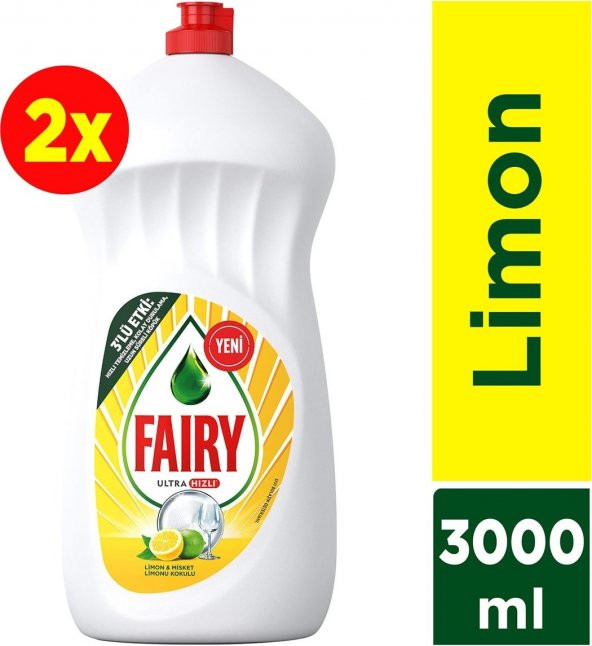 Fairy 3000   ml Ultra Hızlı 3lü Etki Sıvı Bulaşık Deterjanı limon ve Misket limonu Kokulu 1500 ml