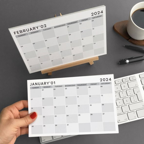 Amerikan Standardı 2025 Masa Takvimi(Pazar Günü Başlangıç),Ahşap Şövale Takvim, Grinin Tonları 2025 Masa Takvimi, Aylık