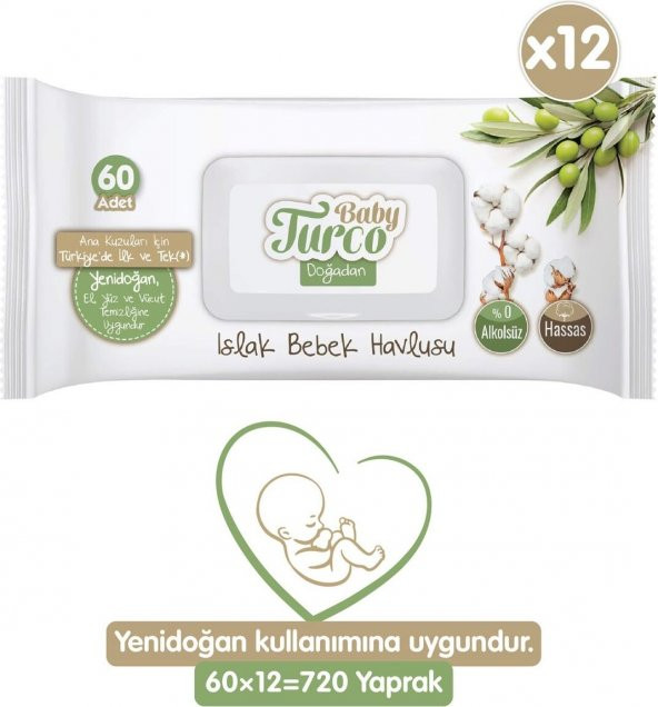 Baby Turco Doğadan Yenidoğan Islak Bebek Havlusu 60 Yaprak x 12li