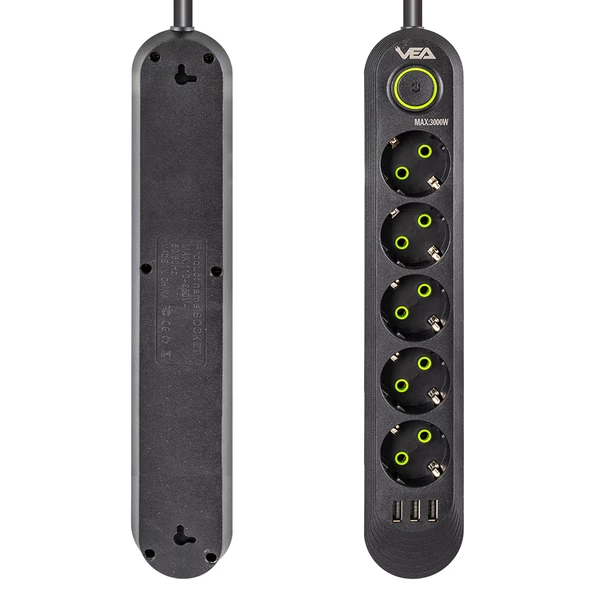 Vea Va-21561 Akım Korumalı Priz 5 Li 1.5 Metre Uzatma Kablosu Usb Li Isıya Dayanıklı 3-16 Amper Anahtarlı - 2