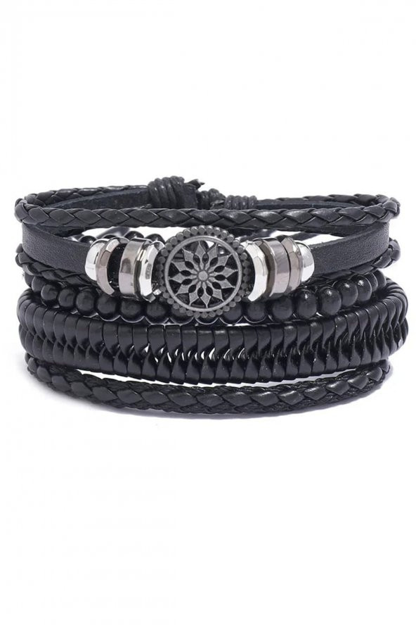 Erkek Deri Bileklik 4 Lü Hayat Ağacı Yaprak Ahşap Boncuk Bilezik Siyah Erkek Takı ürün görseli 1
