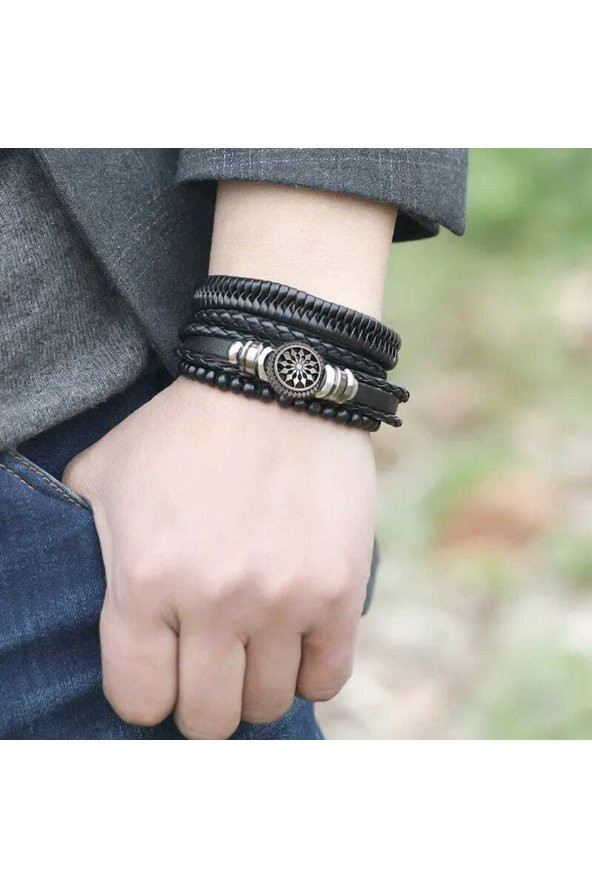 Erkek Deri Bileklik 4 Lü Hayat Ağacı Yaprak Ahşap Boncuk Bilezik Siyah Erkek Takı - Resim 2