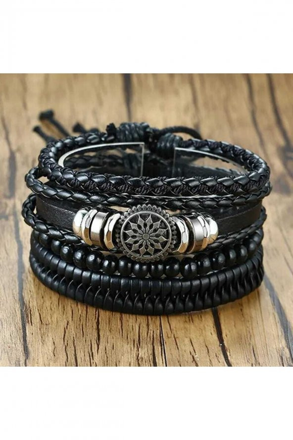 Erkek Deri Bileklik 4 Lü Hayat Ağacı Yaprak Ahşap Boncuk Bilezik Siyah Erkek Takı - Resim 3