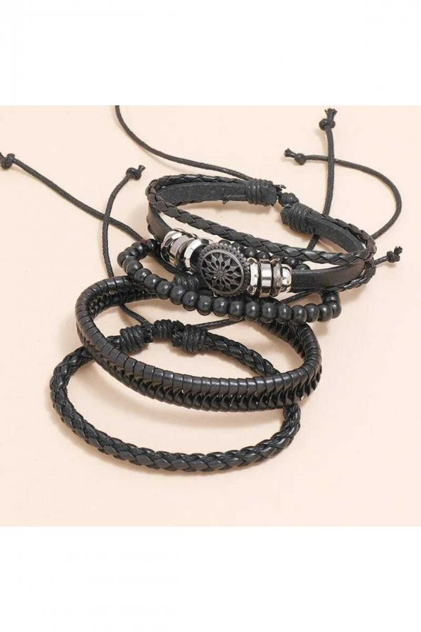 Erkek Deri Bileklik 4 Lü Hayat Ağacı Yaprak Ahşap Boncuk Bilezik Siyah Erkek Takı - Resim 4