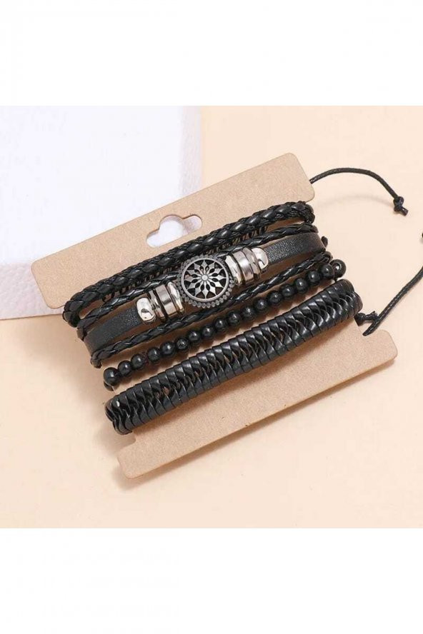 Erkek Deri Bileklik 4 Lü Hayat Ağacı Yaprak Ahşap Boncuk Bilezik Siyah Erkek Takı - Resim 5