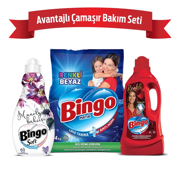 Avantajlı Çamaşır Bakım Seti: Bingo Toz Deterjan 4kg + Sıvı Deterjan 2L + Çamaşır Yumuşatıcısı