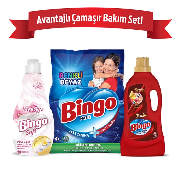 Avantajlı Çamaşır Bakım Seti: Bingo Toz Deterjan 4kg + Sıvı Deterjan 2L + Çamaşır Yumuşatıcısı