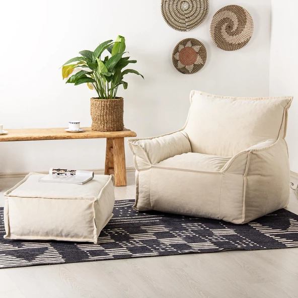 Homedius Notre Kadife Koltuk Puf Set Bej Tek