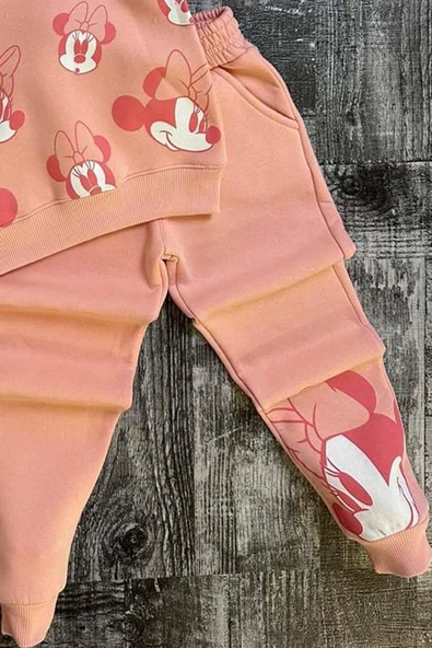 Kız Çocuk Minnie Desen Baskılı Kapüşonlu Pudra Eşofman Takım - Resim 3