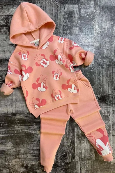 Kız Çocuk Minnie Desen Baskılı Kapüşonlu Pudra Eşofman Takım ürün görseli
