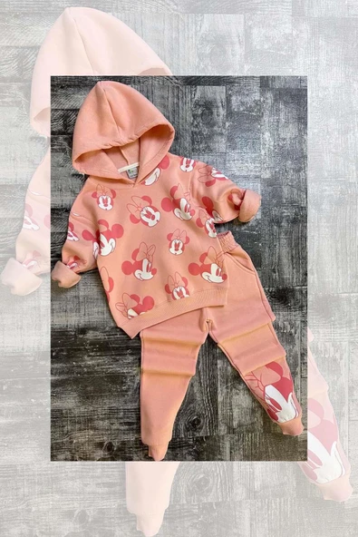 Kız Çocuk Minnie Desen Baskılı Kapüşonlu Pudra Eşofman Takım - Resim 4