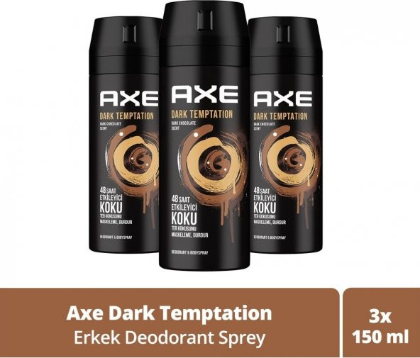 Axe Erkek Deodorant & Bodyspray Dark Temptation 48 Saat Etkileyici Koku 150 Ml X3