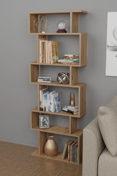 Dekoratif Kitaplık 7 Raflı Kütüphane Raf Ünitesi Atlantik Çam - 3