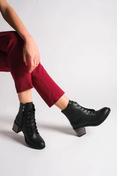 DİANA Bağcıklı Fermuarlı Ortopedik Taban Suya ve Soğuğa Dayanıklı Topuklu Cilt Kadın Bot ST Siyah - Resim 2