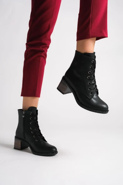 DİANA Bağcıklı Fermuarlı Ortopedik Taban Suya ve Soğuğa Dayanıklı Topuklu Cilt Kadın Bot ST Siyah - Resim 3