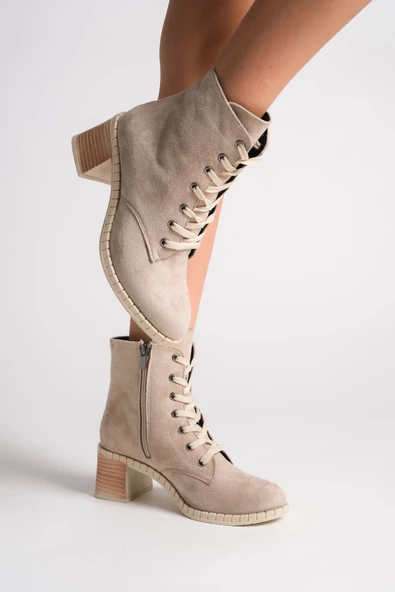 DİANA Bağcıklı Fermuarlı Ortopedik Taban Suya ve Soğuğa Dayanıklı Topuklu Süet Kadın Bot TT Ten - 3