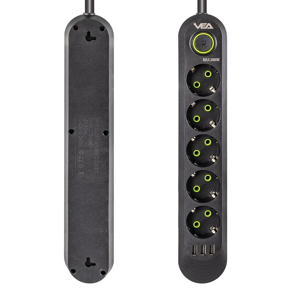 Vea VA-21561 Akım Korumalı Priz 5 Li 1.5 Metre Uzatma Kablosu Usb li Isıya Dayanıklı 3-16 Amper Anahtarlı - 6