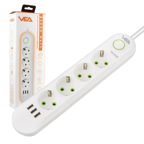 Vea VA-21560 Akım Korumalı Priz 4 Lü 1.5 Metre Uzatma Kablosu 3 Usb li Anahtarlı Priz - 8
