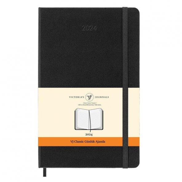 VJ 123-9185 VİCTORİAS JOURNALS CLASSİC-GÜNLÜK AJANDA(9X14CM) SERT KAPAKLI IVORY KAĞIT LASTİKLİ ,CEPLİ SİYAH