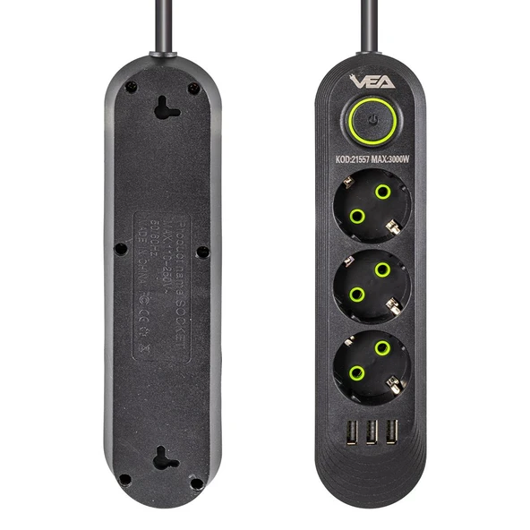 Vea VA-21557 Akım Korumalı Priz 3 Lü Usb li 1.5 Metre Uzatma Kablosu Anahtarlı 3-16 Amper - 6