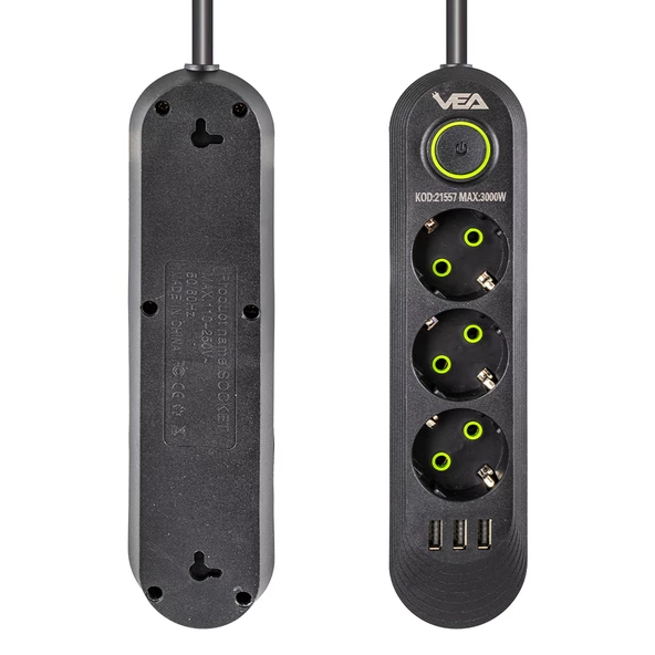 Vea VA-21557 Akım Korumalı Priz 3 Lü Usb li 1.5 Metre Uzatma Kablosu Anahtarlı 3-16 Amper - 2