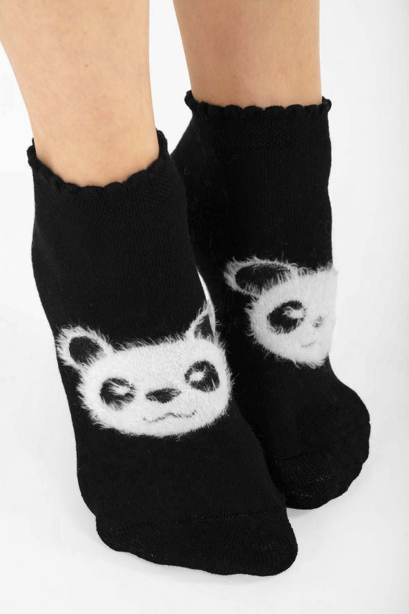 Siyah Panda Desenli Bambu Patik Çorap