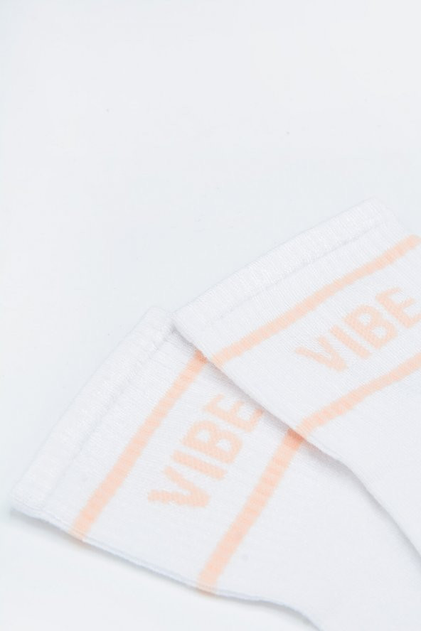 Beyaz Vibe Slogan Baskılı Soket Çorap - 2