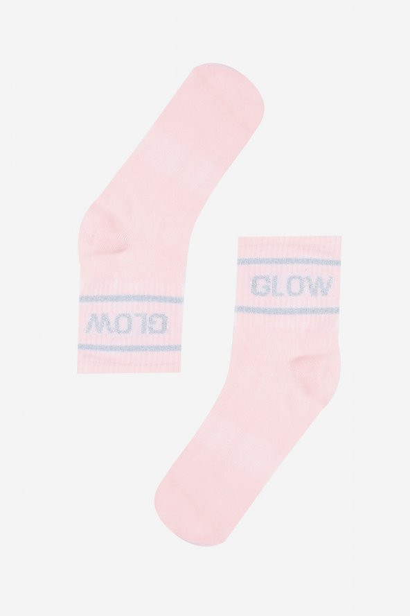 Pembe Glow Slogan Baskılı Soket Çorap - 1