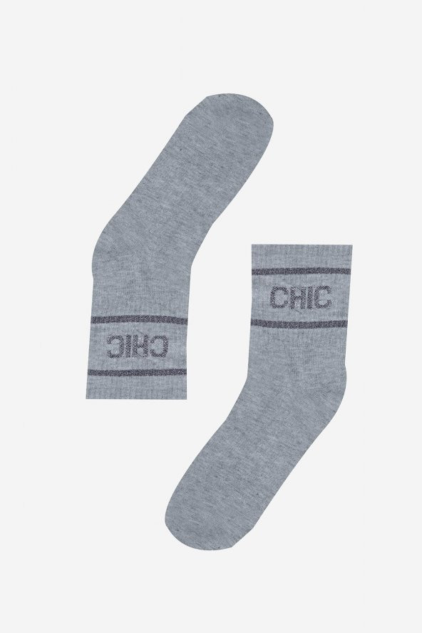Gri Chic Slogan Baskılı Soket Çorap