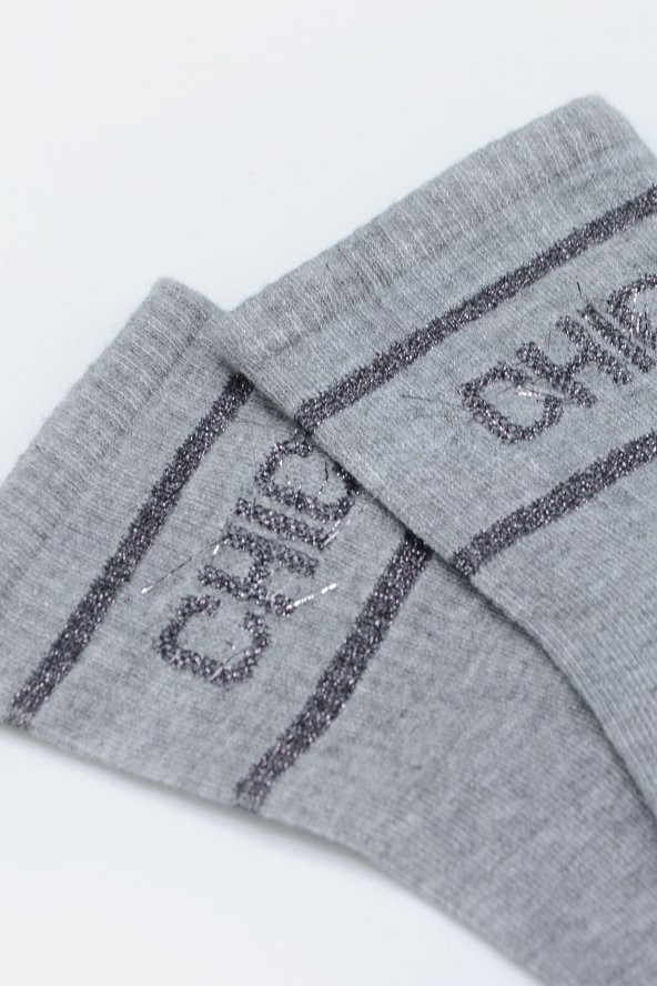 Gri Chic Slogan Baskılı Soket Çorap - 2