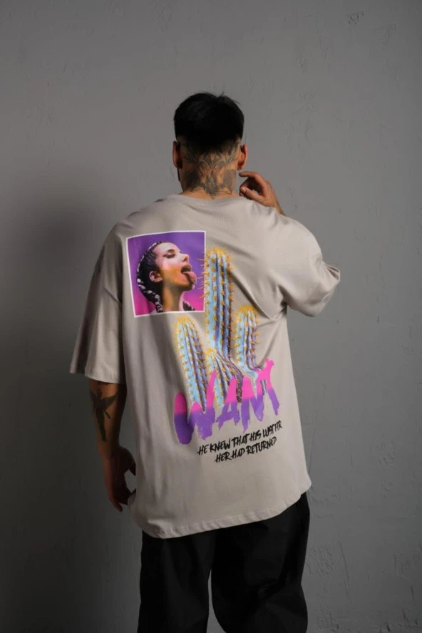 Unisex Dabıl Oversize Ribanalı Bisiklet Yaka Want Dijital Baskılı A Kalite Penye T-shirt